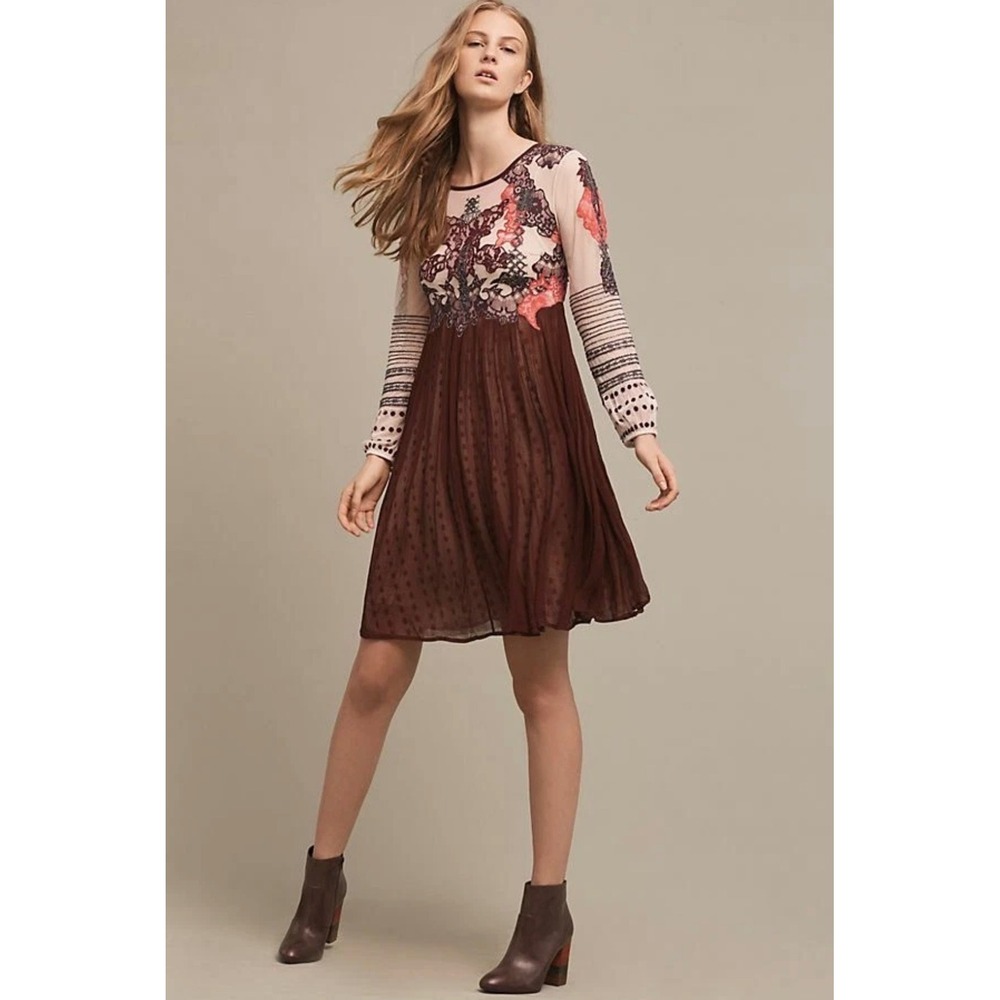 Moulinette Soeurs Anthropologie Lace Applique Mixed‎ Media Pleated Dress Size 2
